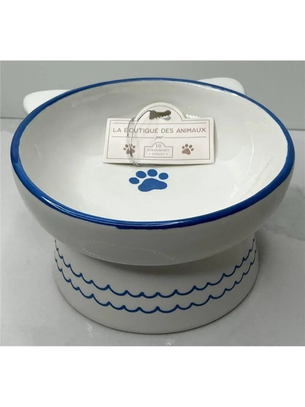 10 Strawberry Street Ears Up Elevated Cat Bowl, White Blue, 7-oz New